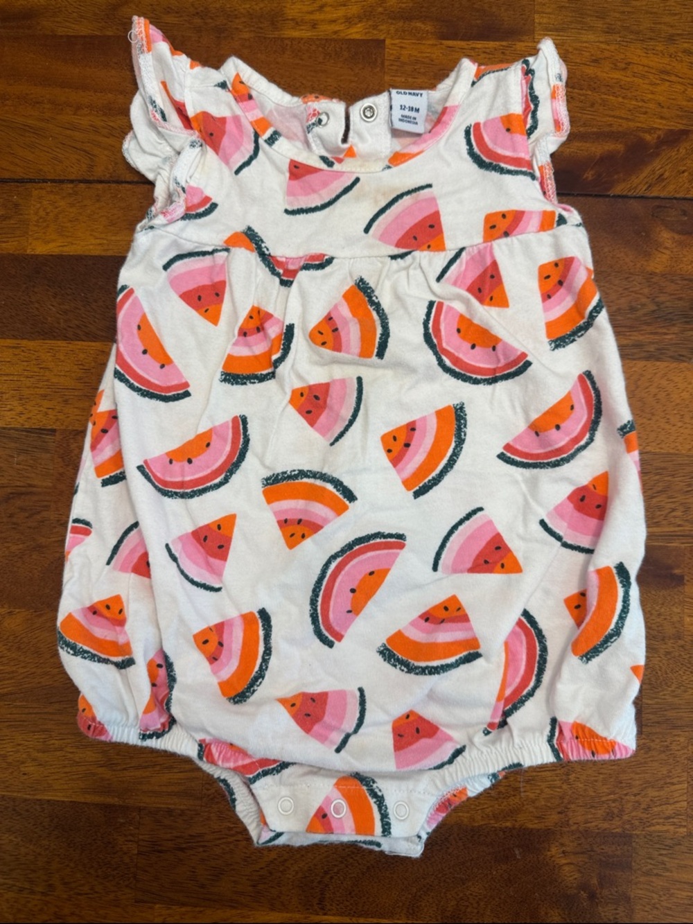 Old Navy White Baby Romper with Pink and Orange Watermelon Print